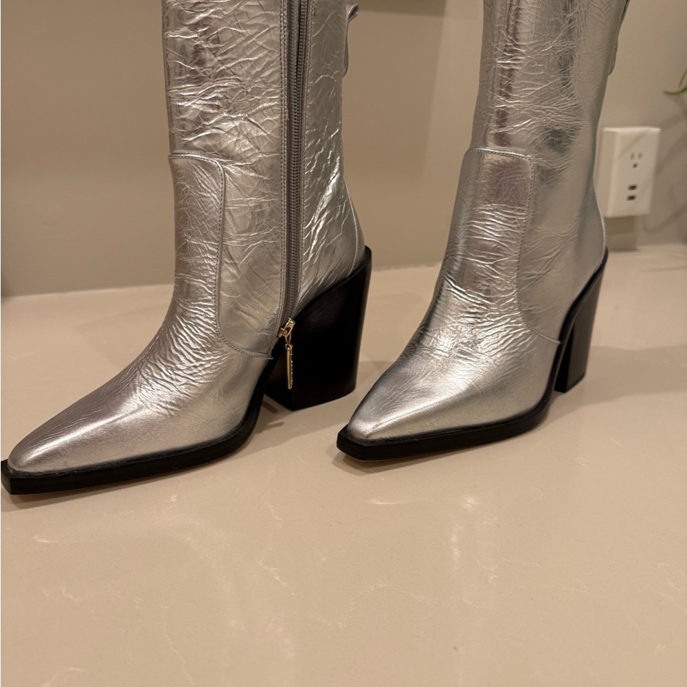 Larroude Silver Heeled Boots with Chunky Heel and Pointed Toe